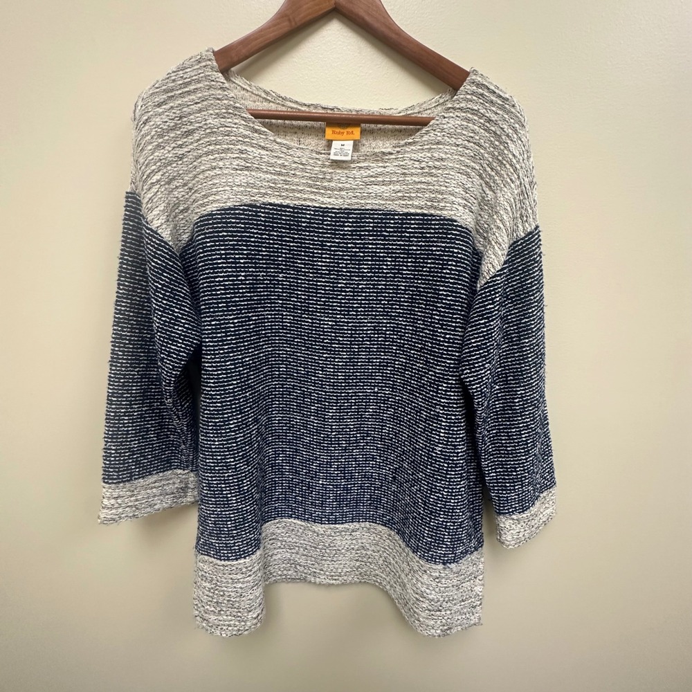 Ruby Rd Womens Navy Blue Cream White Colorblock Knit 3/4 Sleeve Sweater Size M